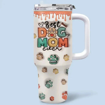 Dog & Cat Personalized Custom 3D Inflated Effect Printed 40 Oz Stainless Steel Tumbler With Handle.