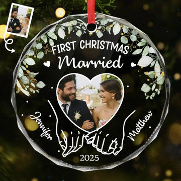 Custom Photo Circle Glass Ornament – Personalized Christmas, Wedding & Anniversary Gift for Couples, Husband & Wife – “Wrapped in Love, Tied with Joy” Keepsake Printing Joy
