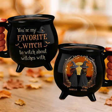 Custom Ceramic Cauldron Coffee Mug – Personalized Halloween Witchy Gift for Besties, Sisters, BFFs, Family & Yourself – “Broommates For Life” Cup Printing Joy