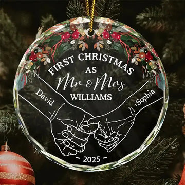 Holding Hands First Christmas Couple - Personalized Circle Glass Ornament Printing Joy