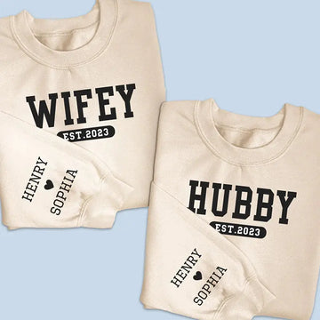 Where I Go Trouble Follows - Personalized Couple Sweatshirt with Sleeve Design - Anniversary Gift for Husband & Wife.