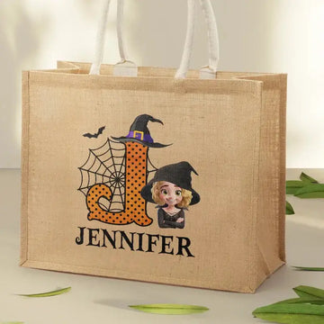 Trick Or Treat Kid Monogram Halloween - Personalized Jute Beach Bag Printing Joy