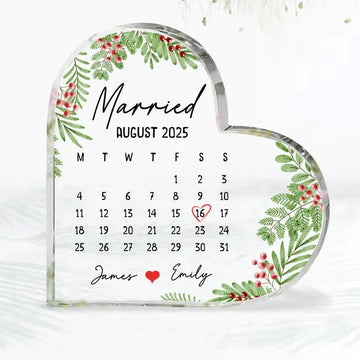 Married Calendar Heart Acrylic Plaque - Personalized Wedding Gift for Couples, Newlywed Keepsake.