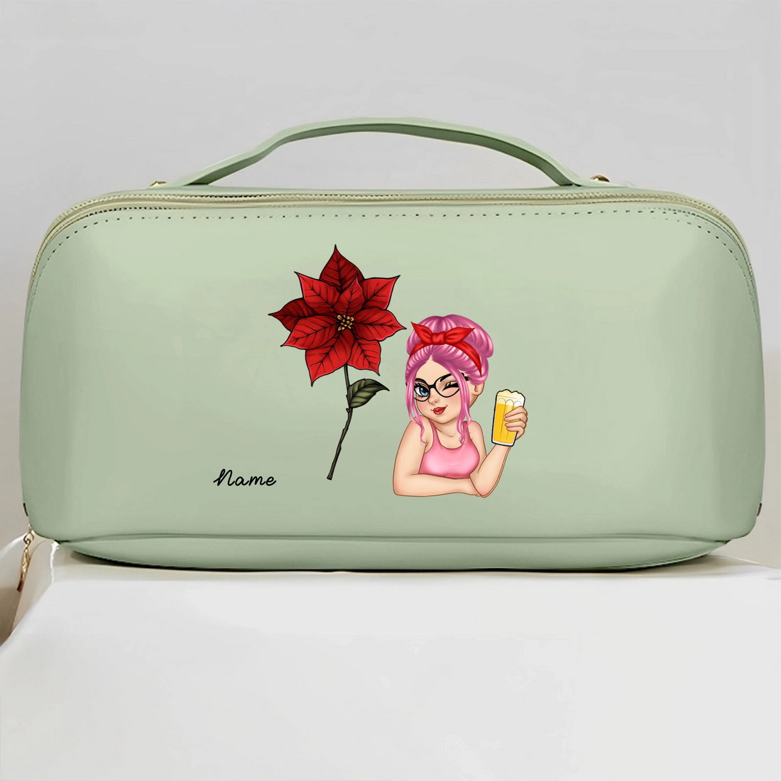 Birth Month Flower Blooming In Love - Personalized Leather Makeup Bag