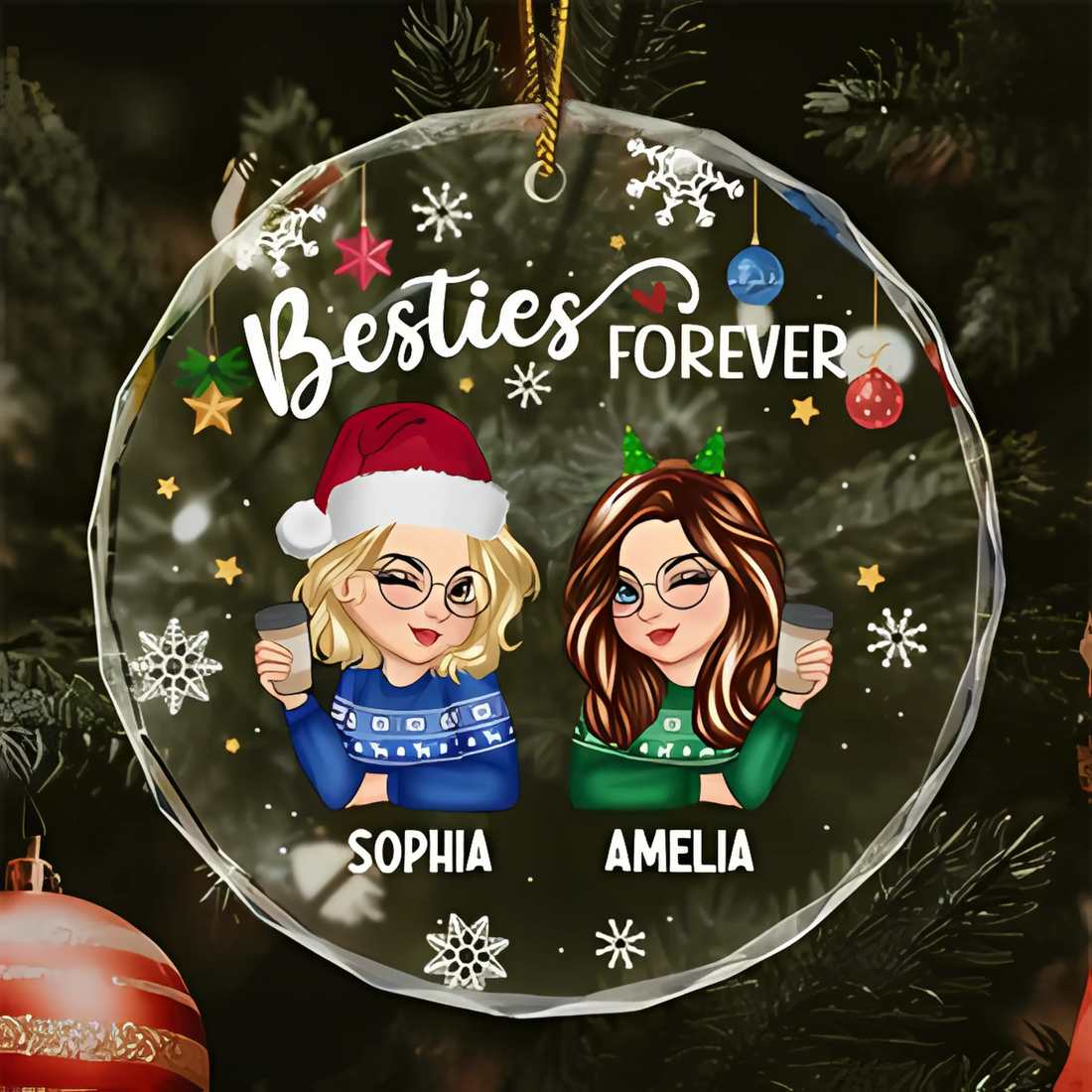 Besties Forever Christmas - Personalized Circle Glass Ornament - Printingjoy