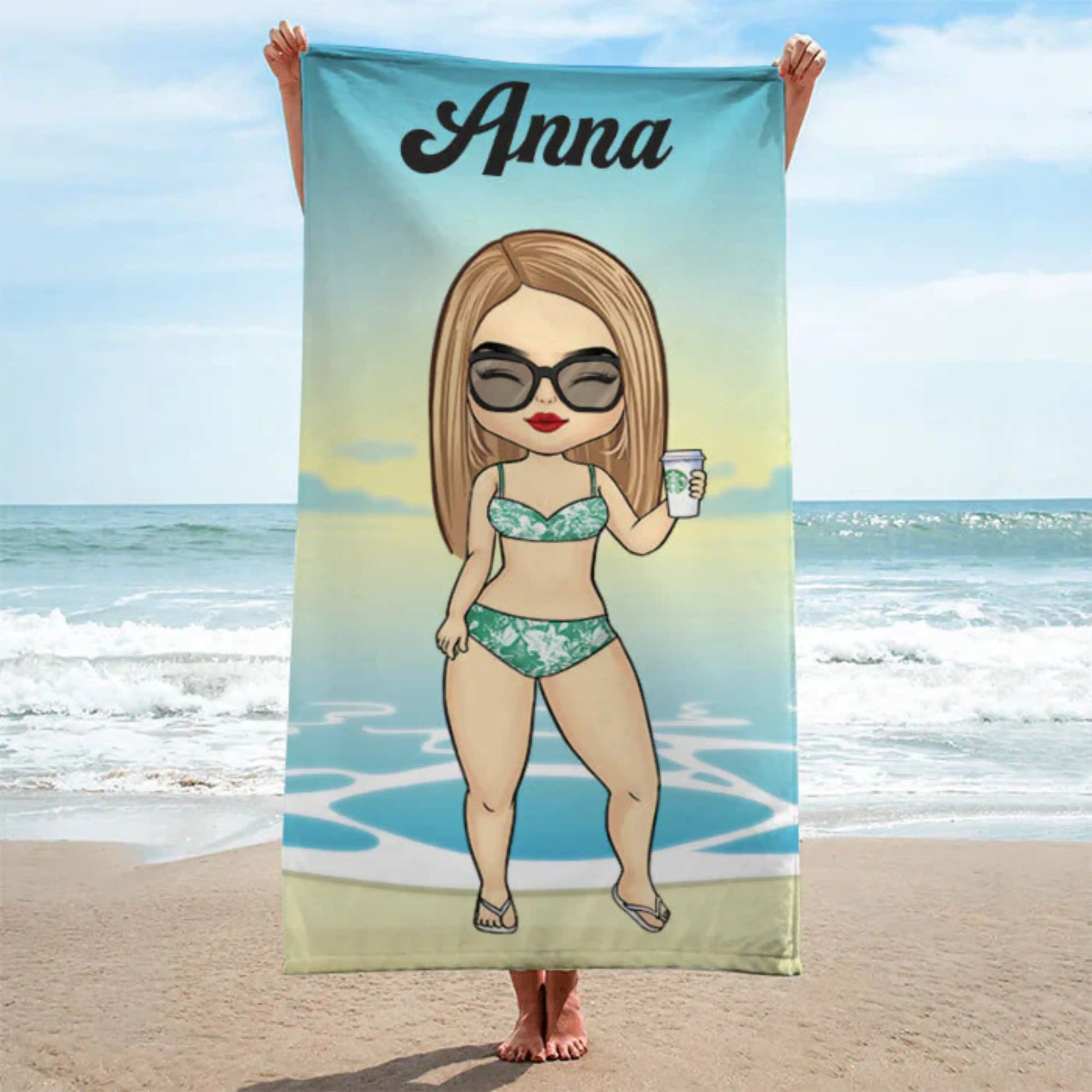 Chibi Girl at the Beach Personalized Beach Towel - Printingjoy