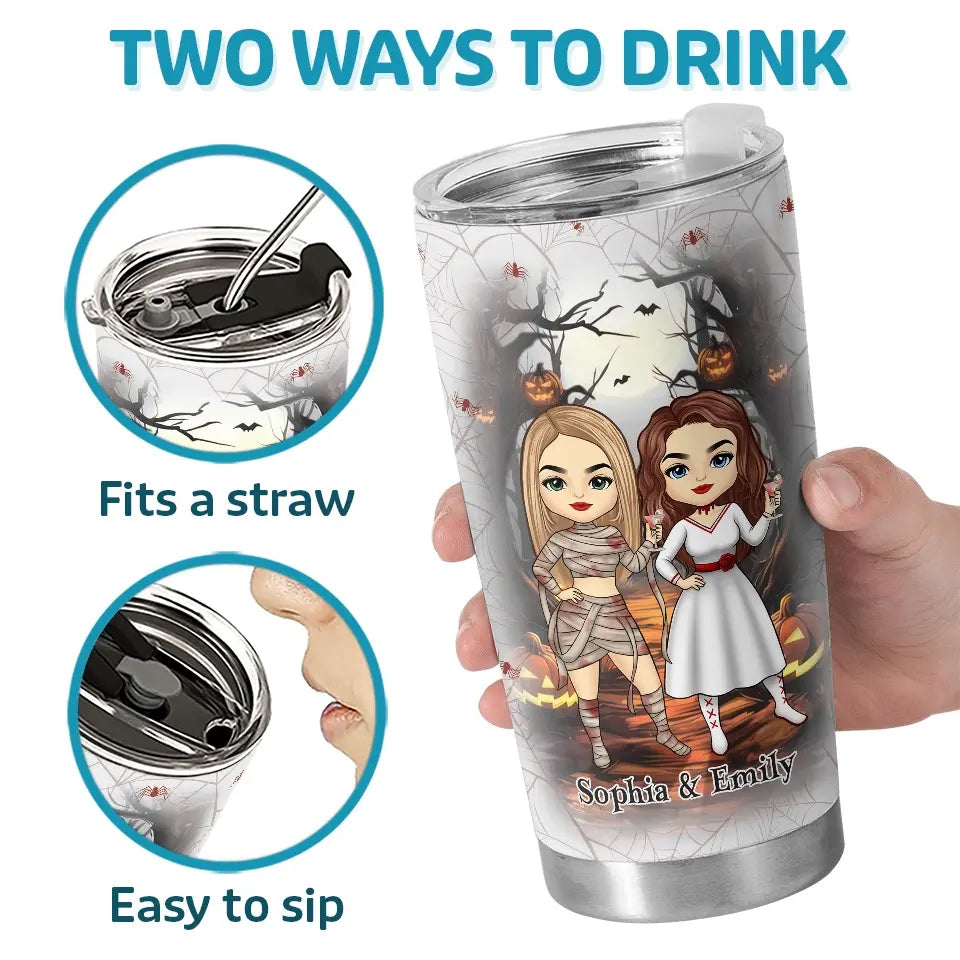 We're Not Just Friends, We're Partners In Crime - Bestie Personalized Custom Tumbler - Halloween Gift For Best Friends, BFF, Sisters Printing Joy