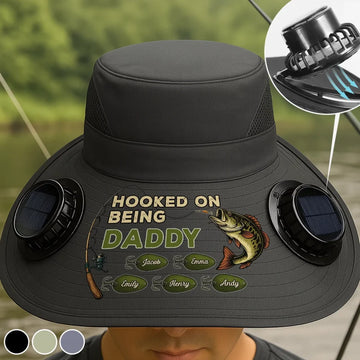 Custom Solar Fan Hat – Hooked On Being Daddy – Personalized Fishing Gift for Dad & Grandpa