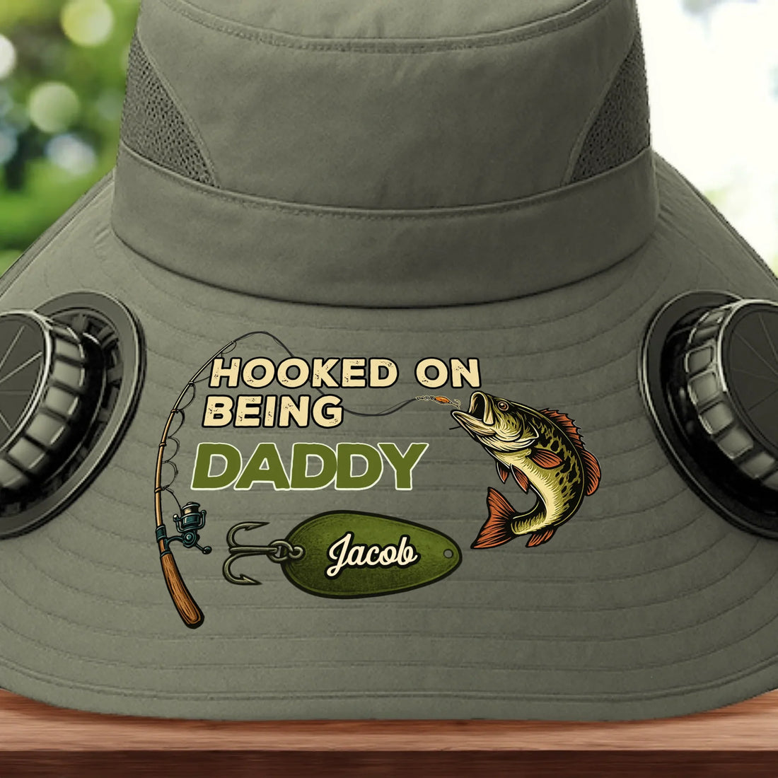 Custom Solar Fan Hat – Hooked On Being Daddy – Personalized Fishing Gift for Dad & Grandpa