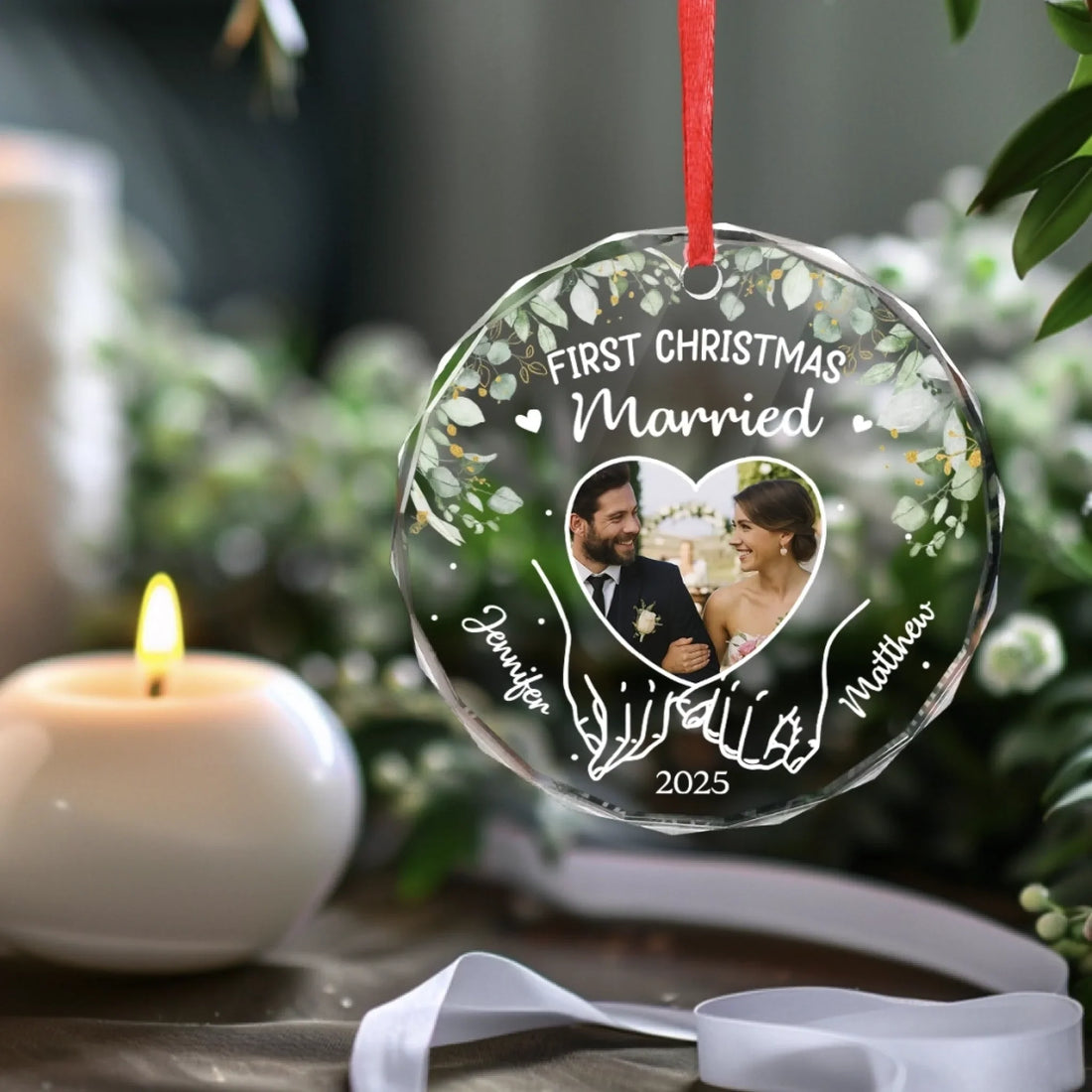 Custom Photo Circle Glass Ornament – Personalized Christmas, Wedding & Anniversary Gift for Couples, Husband & Wife – “Wrapped in Love, Tied with Joy” Keepsake