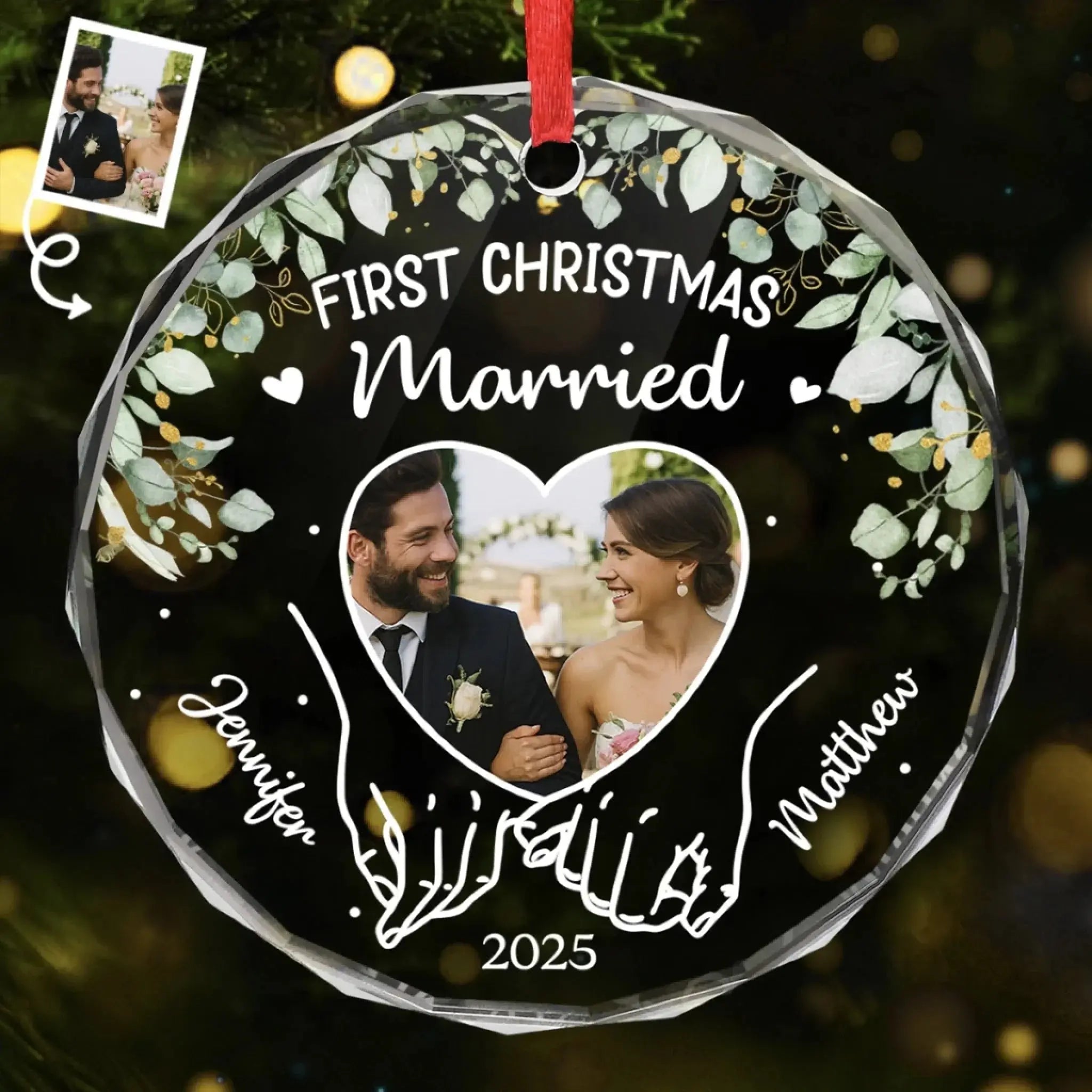 Custom Photo Circle Glass Ornament – Personalized Christmas, Wedding & Anniversary Gift for Couples, Husband & Wife – “Wrapped in Love, Tied with Joy” Keepsake Printing Joy