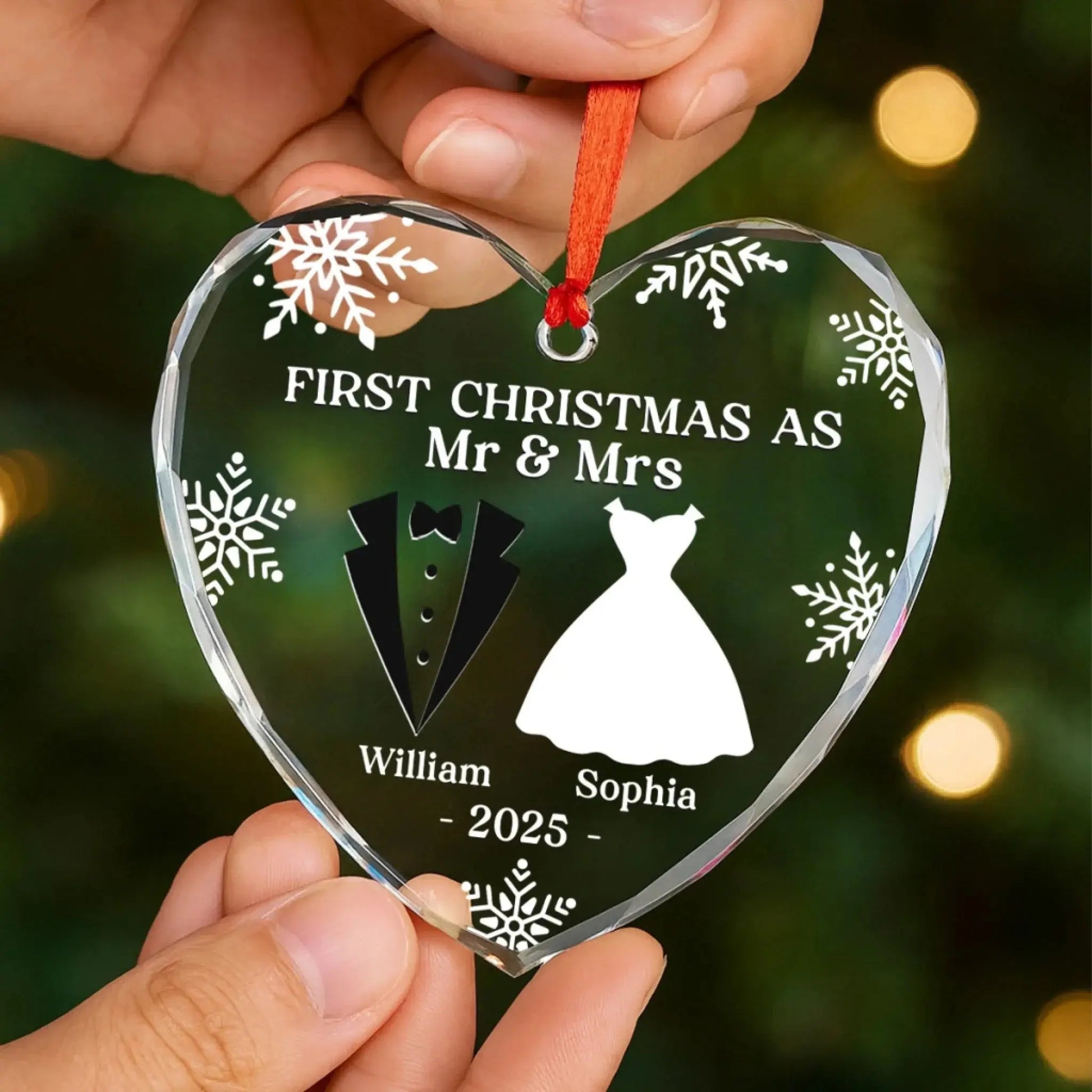 Custom Heart or Round Glass Ornament – Personalized Christmas, Wedding & Anniversary Gift for Couples, Husband & Wife – “Our First Christmas as Mr & Mrs” Keepsake Printbelle
