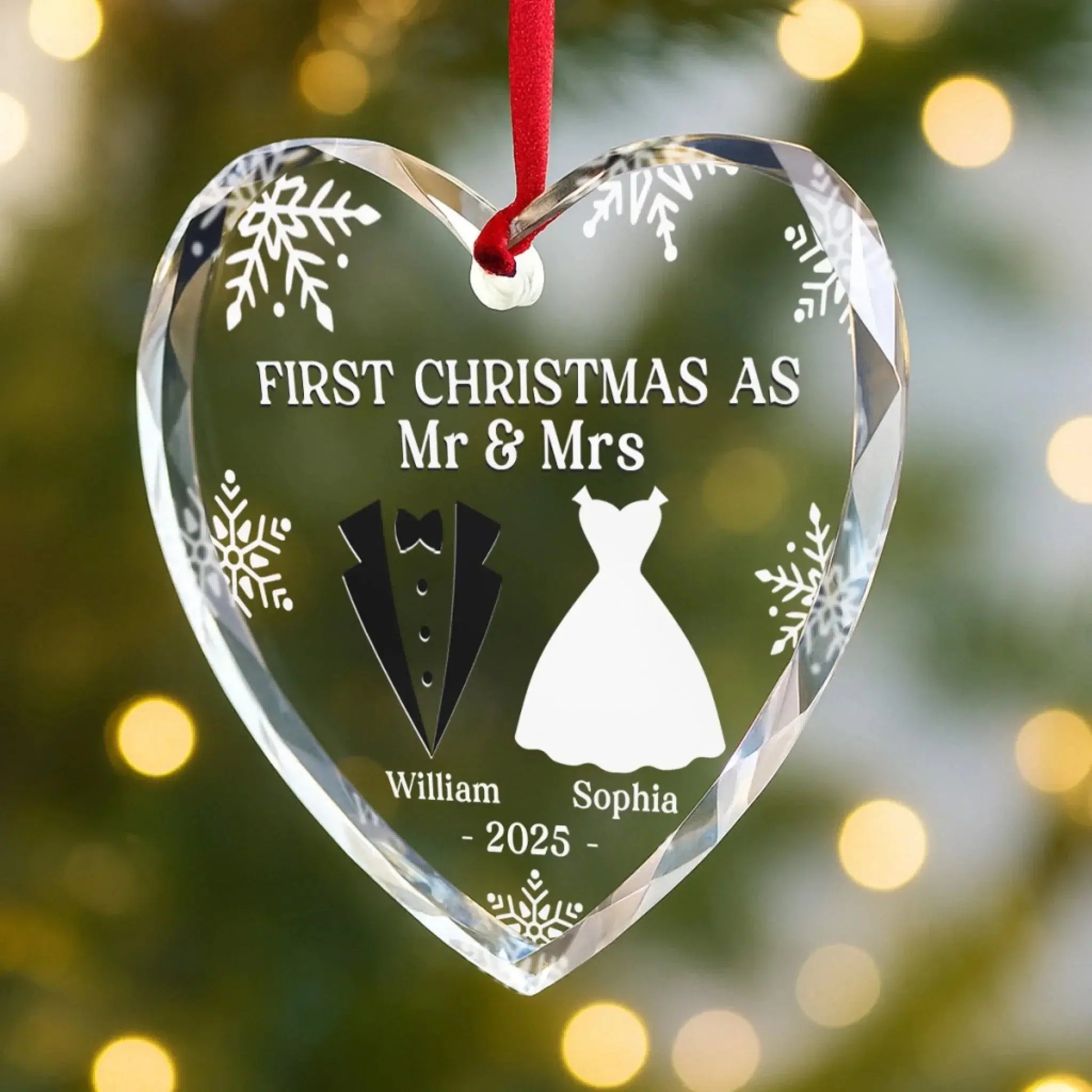Custom Heart or Round Glass Ornament – Personalized Christmas, Wedding & Anniversary Gift for Couples, Husband & Wife – “Our First Christmas as Mr & Mrs” Keepsake Printbelle