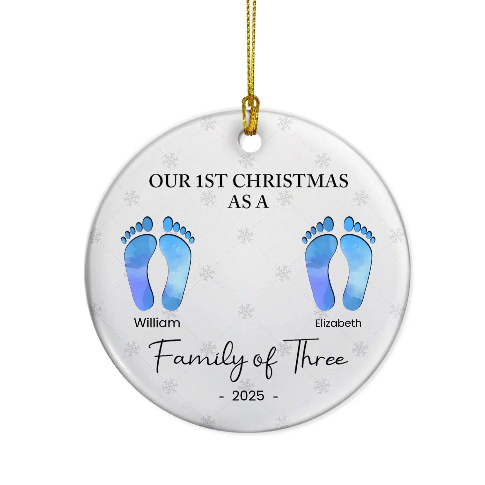 First Christmas As A Family Of Four Footprints - Personalized Circle Ceramic Ornament Printbelle