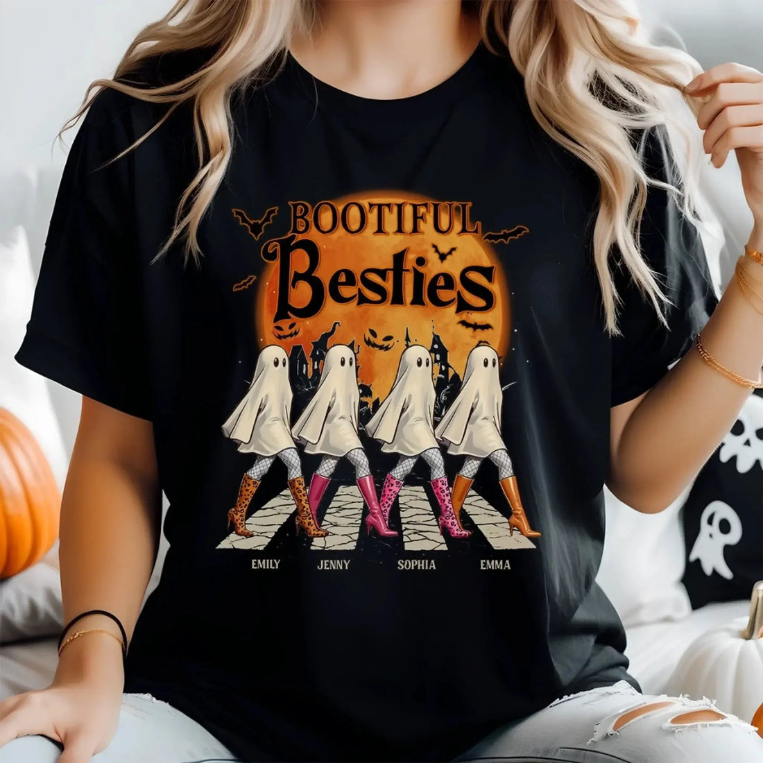 Custom Unisex T-shirt, Premium T-shirt, Hoodie - Personalized Halloween Birthday Gifts For Women, Besties, Sisters, BFF - Haunted By Laughter Together Dreamship