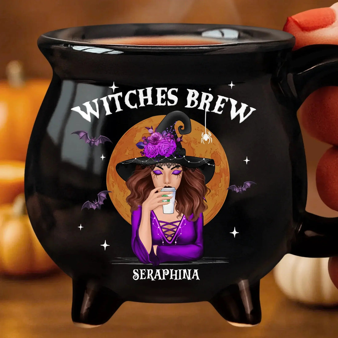 She Drinks Like A Queen, But Hexes Like A Goddess – Custom 12oz Ceramic Cauldron Coffee Mug – Personalized Halloween Witchy Gifts for Besties, Sisters, BFFs, Family Printing Joy