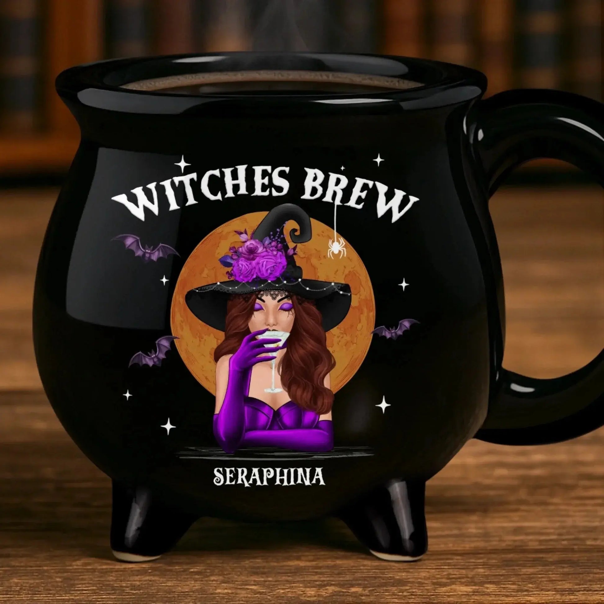 She Drinks Like A Queen, But Hexes Like A Goddess – Custom 12oz Ceramic Cauldron Coffee Mug – Personalized Halloween Witchy Gifts for Besties, Sisters, BFFs, Family Printing Joy