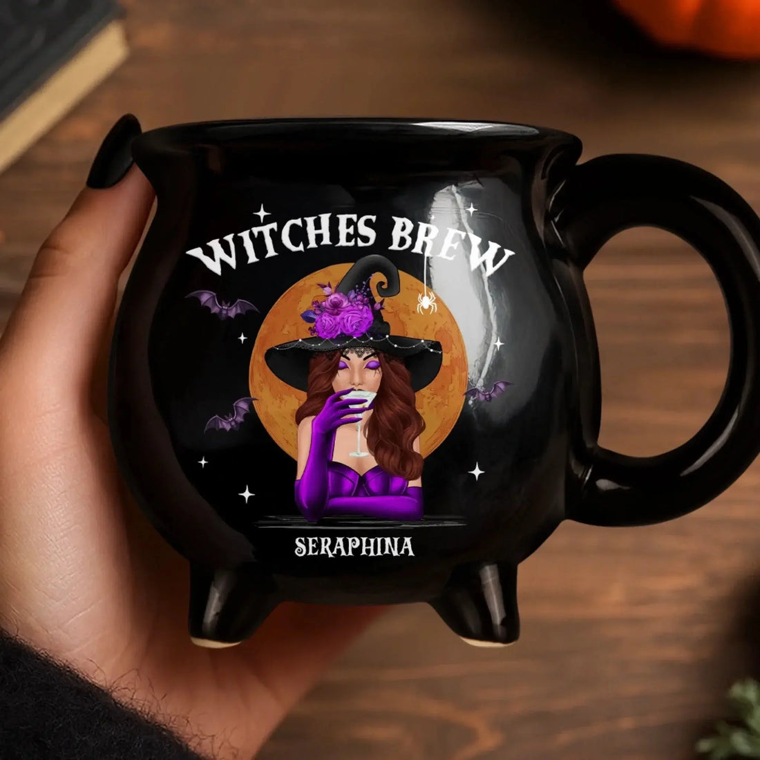 She Drinks Like A Queen, But Hexes Like A Goddess – Custom 12oz Ceramic Cauldron Coffee Mug – Personalized Halloween Witchy Gifts for Besties, Sisters, BFFs, Family Printing Joy