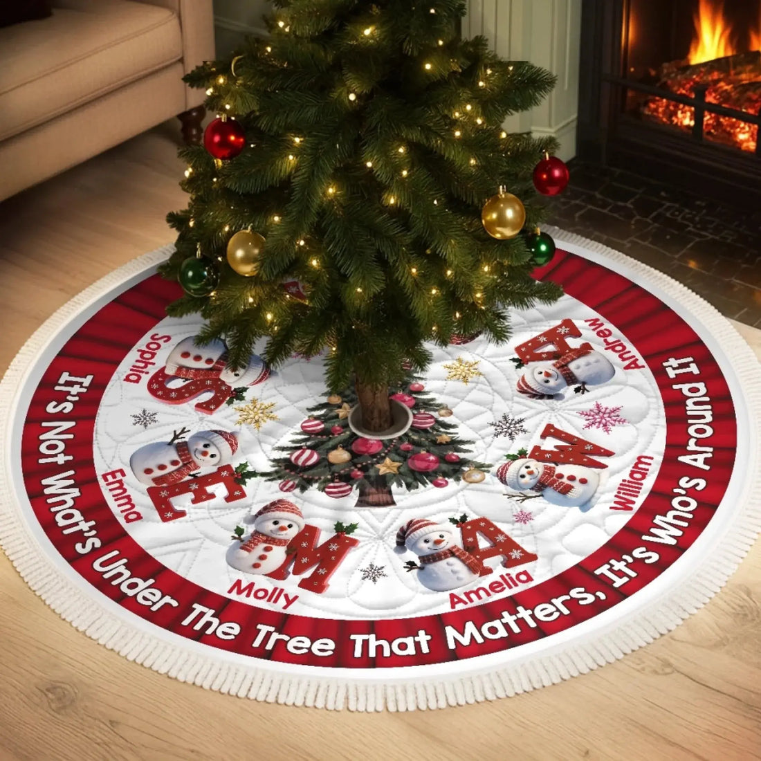 Custom Snowman Tree Skirt - Personalized Christmas Birthday Gifts For Mom, Dad, Brother, Sister, Kids - Hearts Shine Together This Christmas Printing Joy