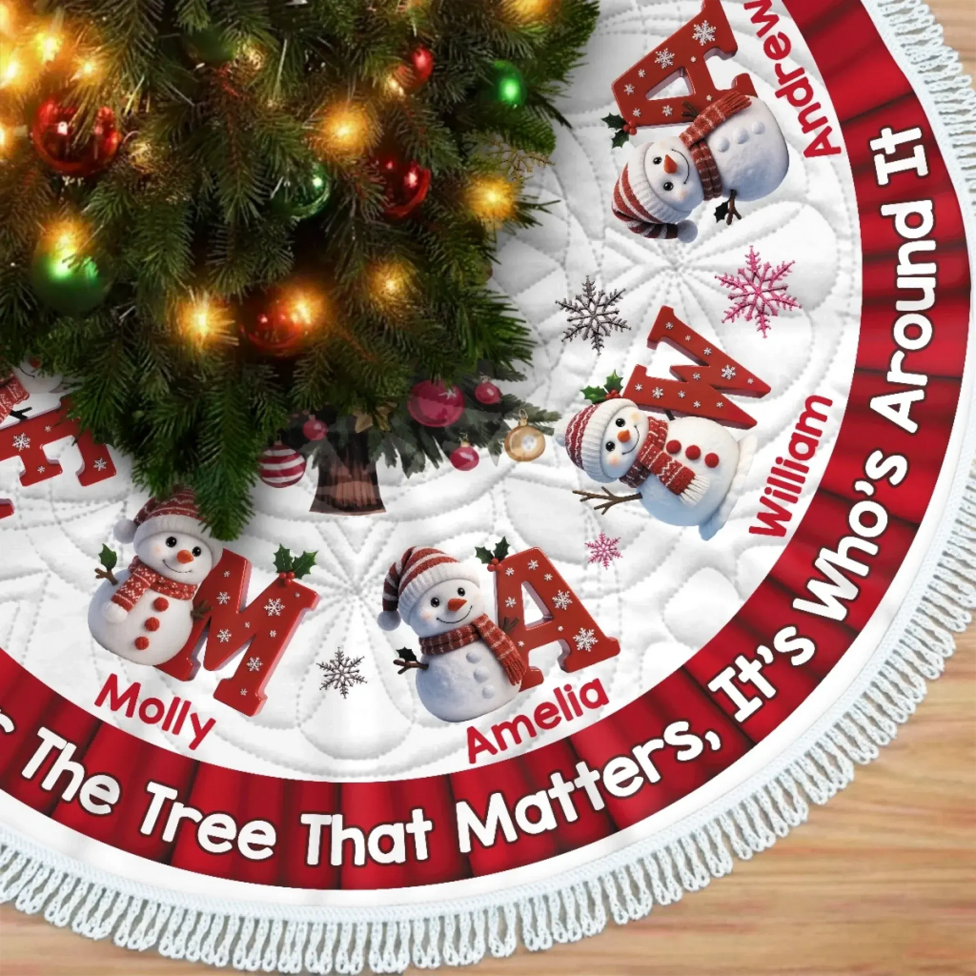 Custom Snowman Tree Skirt - Personalized Christmas Birthday Gifts For Mom, Dad, Brother, Sister, Kids - Hearts Shine Together This Christmas Printing Joy