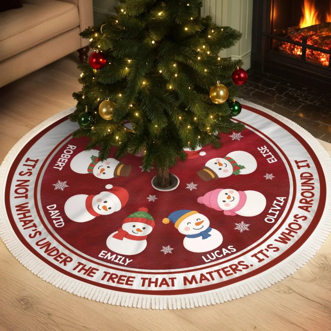 Custom Snowman Tree Skirt - Personalized Christmas Birthday Gifts For Mom, Dad, Brother, Sister, Kids - Warm Winter Wishes Printing Joy