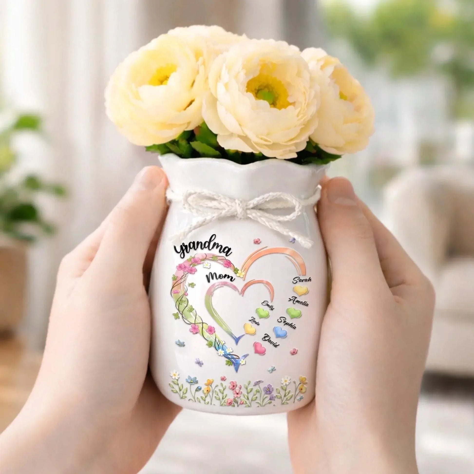 Custom Flower Vase With Ribbon – Personalized Gift for Mom & Grandma – My Favorite People Call Me Grandma Printing Joy