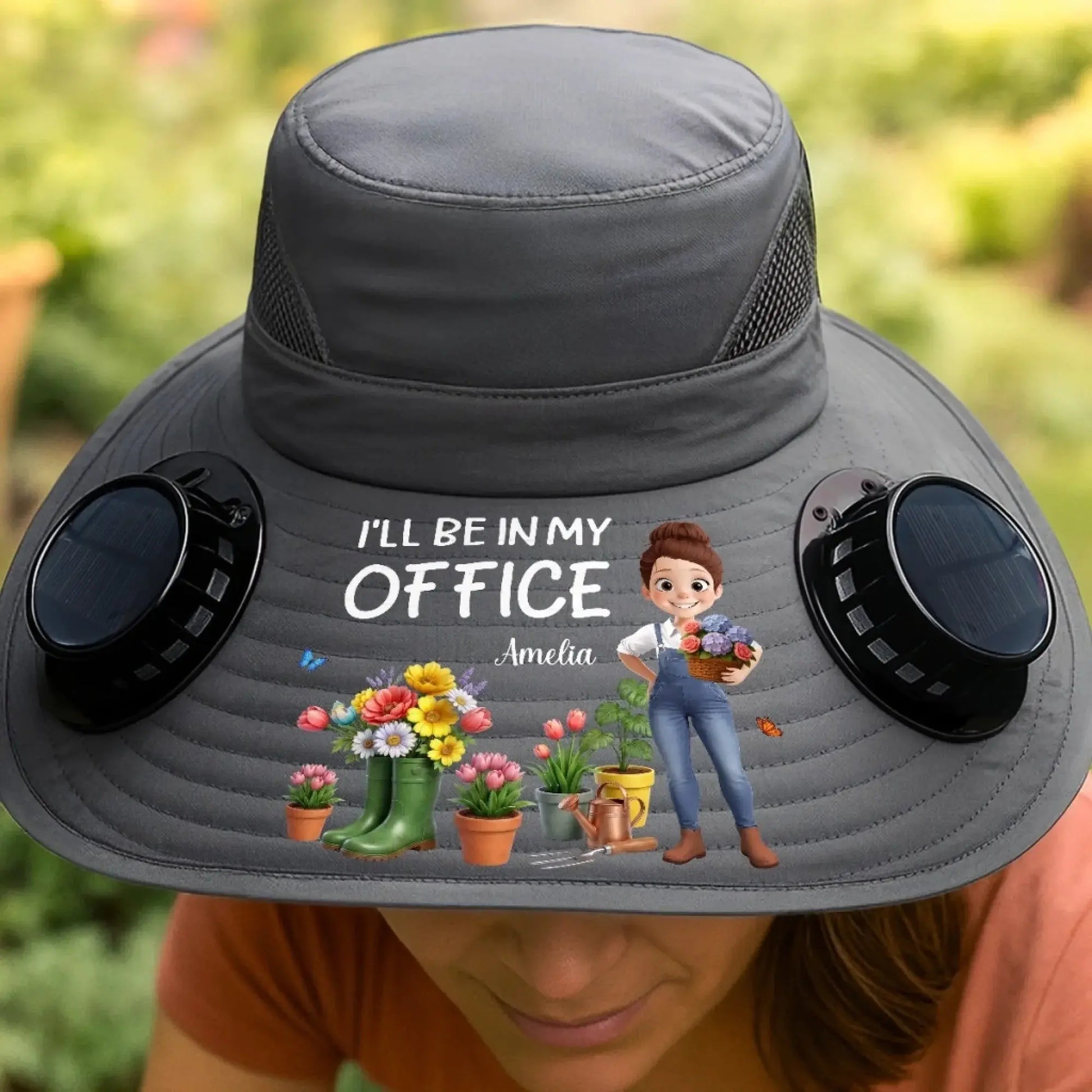 Custom Solar Fan Hat – Heading To My Green Office – Personalized Gardening Gift Printing Joy