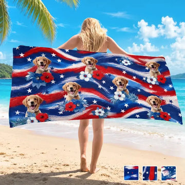 Custom Photo Beach Towel – Pawtriotic Summer Vibes – Personalized 4th of July Gift for Dog & Cat Lovers Printing Joy