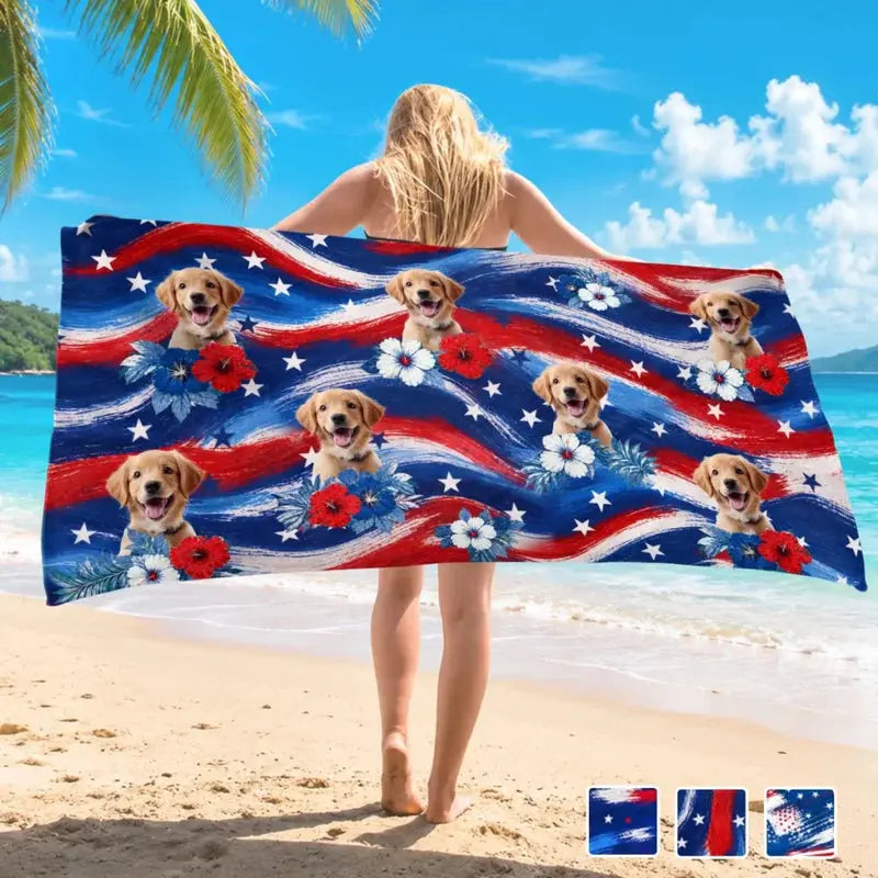 Custom Photo Beach Towel – Pawtriotic Summer Vibes – Personalized 4th of July Gift for Dog & Cat Lovers Printing Joy
