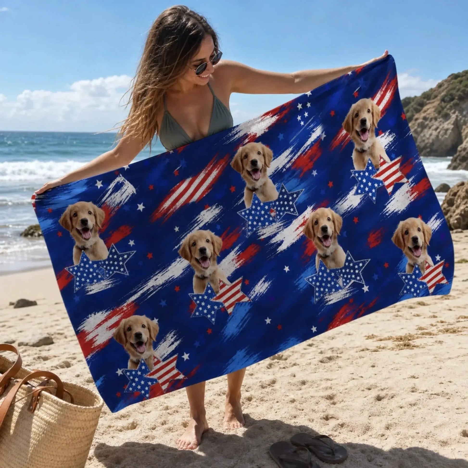 Custom Photo Beach Towel – Pawtriotic Summer Vibes – Personalized 4th of July Gift for Dog & Cat Lovers Printing Joy