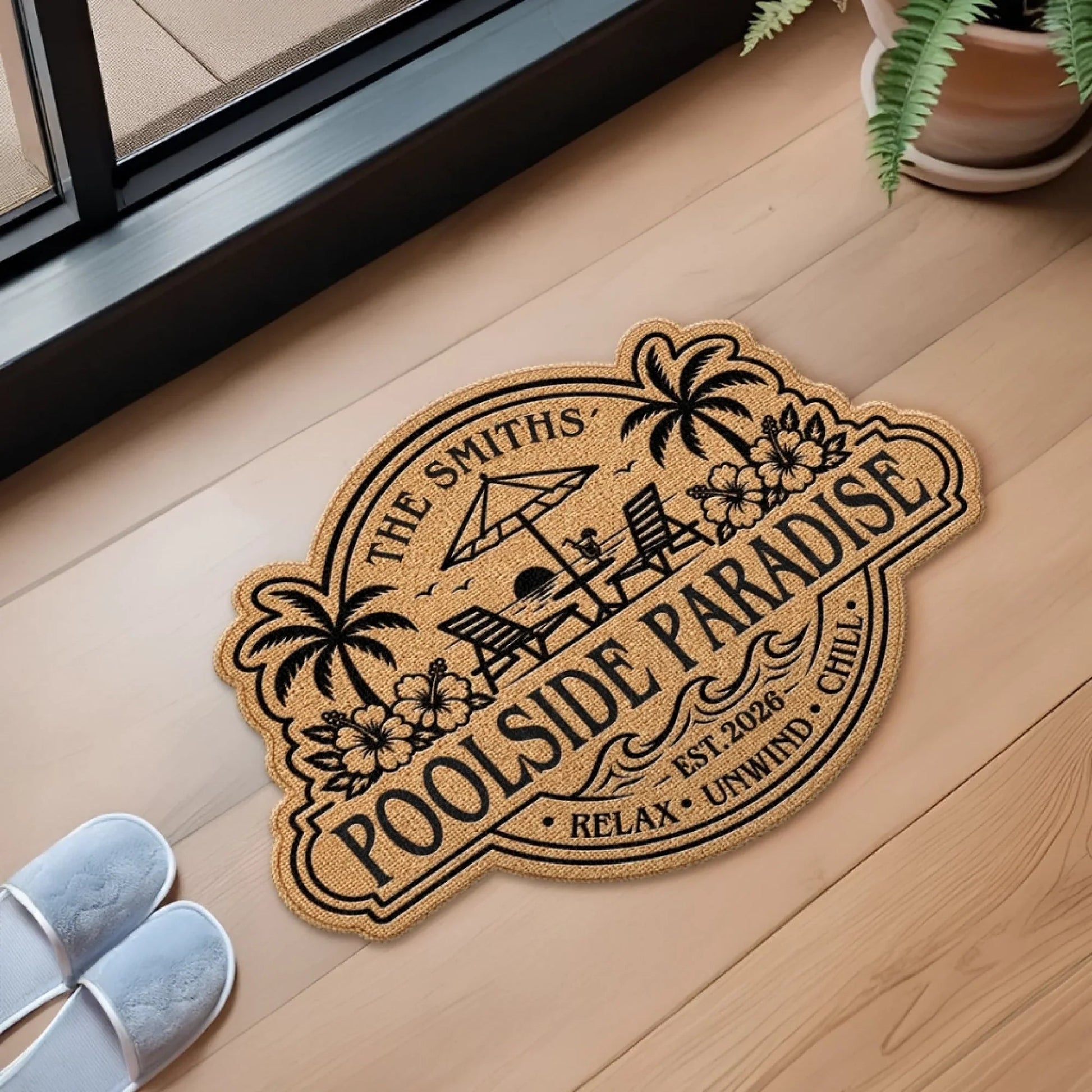 Custom Poolside Shaped Doormat - Personalized Summer Vacation And Travel Gifts For Mom, Dad, Brother, Sister, Kids - Welcome To Our Happy Place Printbelle