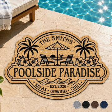 Custom Poolside Shaped Doormat - Personalized Summer Vacation And Travel Gifts For Mom, Dad, Brother, Sister, Kids - Welcome To Our Happy Place Printbelle