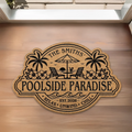 Custom Poolside Shaped Doormat - Personalized Summer Vacation And Travel Gifts For Mom, Dad, Brother, Sister, Kids - Welcome To Our Happy Place Printbelle
