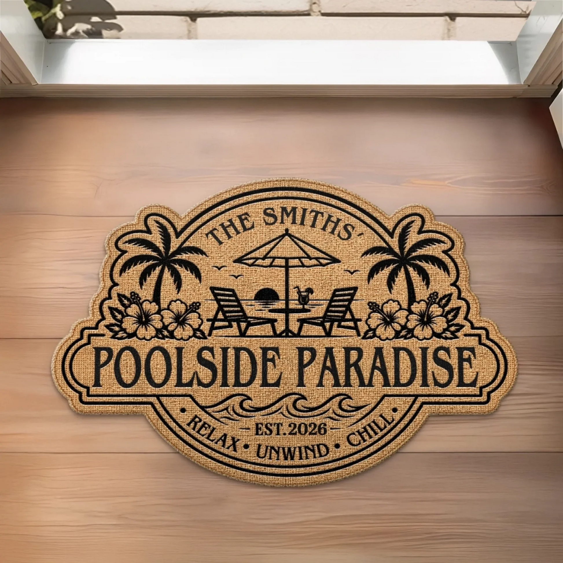 Custom Poolside Shaped Doormat - Personalized Summer Vacation And Travel Gifts For Mom, Dad, Brother, Sister, Kids - Welcome To Our Happy Place Printbelle