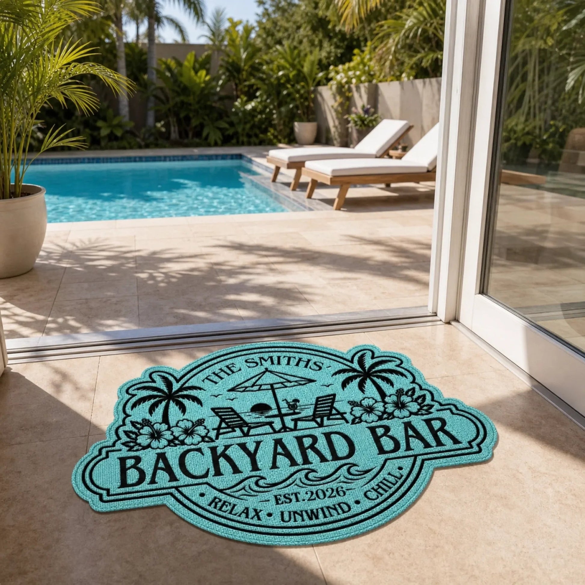 Custom Poolside Shaped Doormat - Personalized Summer Vacation And Travel Gifts For Mom, Dad, Brother, Sister, Kids - Welcome To Our Happy Place Printbelle