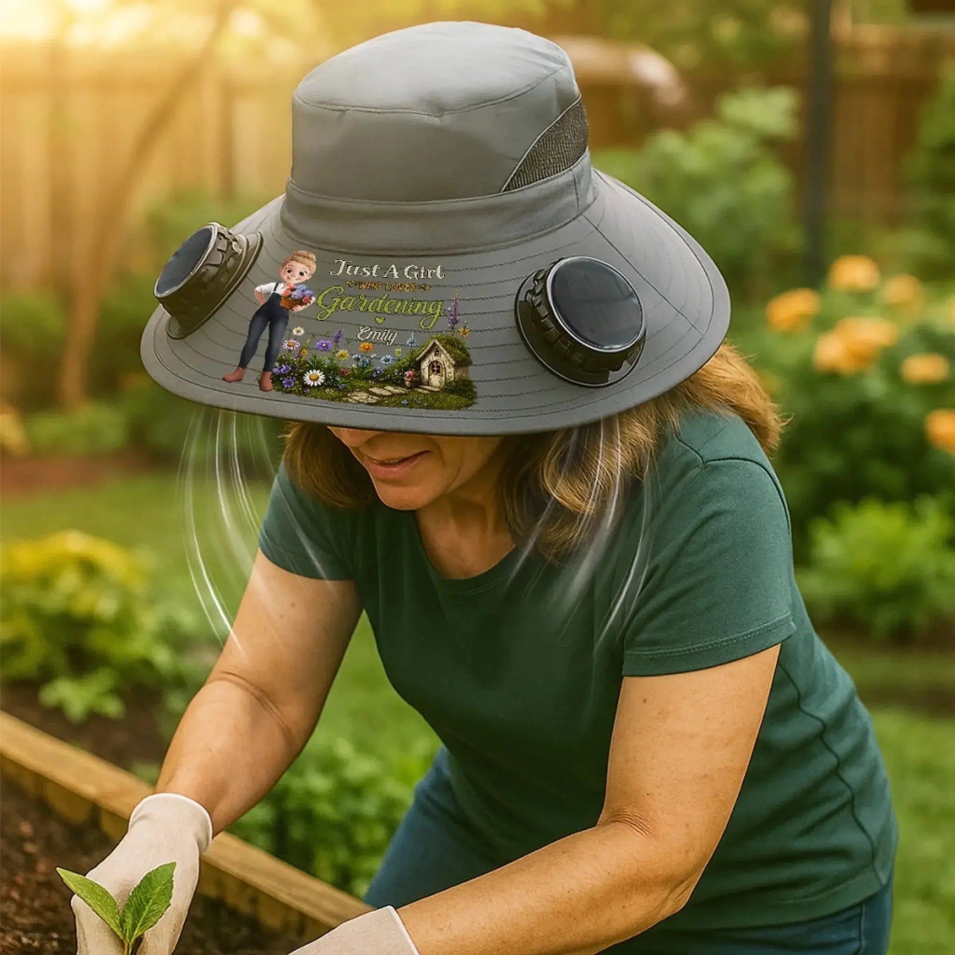 Custom Hat With Fans Solar Power - Personalized Birthday Garden Gifts For Gardeners - Chasing Sunshine And Greenery Printing Joy