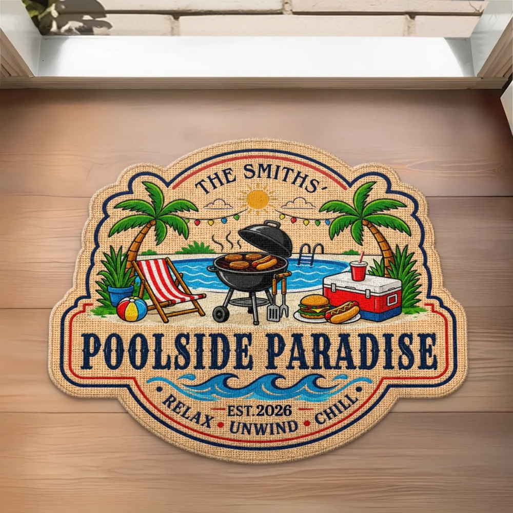 Custom Poolside Shaped Doormat - Personalized Summer Vacation And Travel Gifts For Mom, Dad, Brother, Sister - Life By The Pool Printing Joy