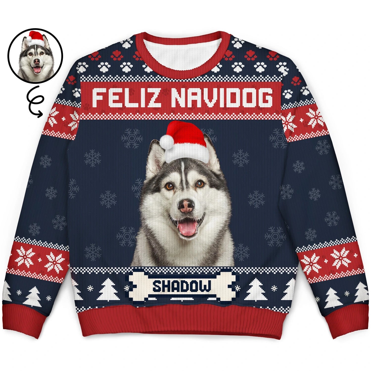 Custom Photo ‘Feliz Navidog’ Ugly Christmas Sweater – Personalized Gift for Dog & Cat Lovers - Printingjoy