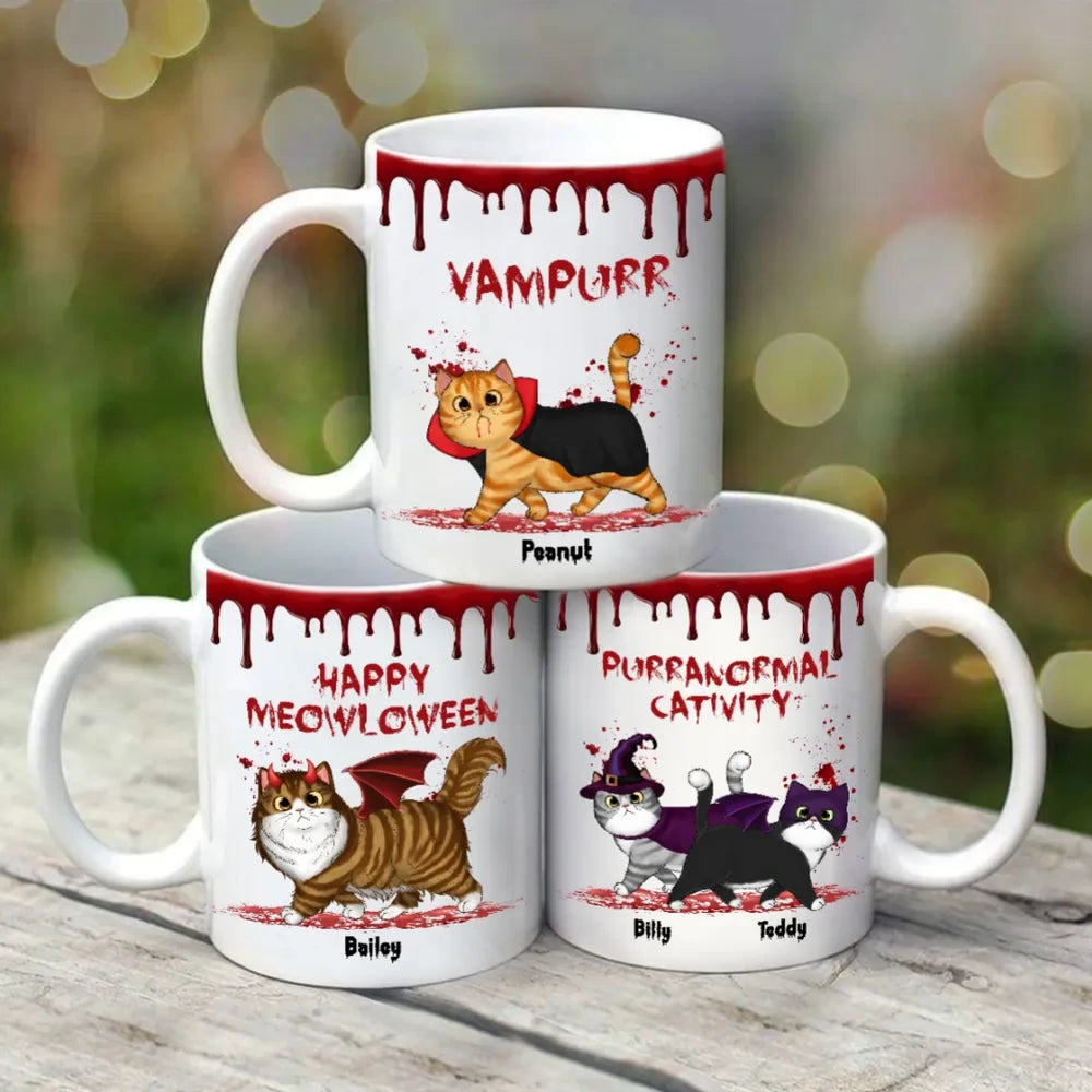 Custom Halloween Cat Mug - Personalized "Happy Meowloween" Gift for Cat Lovers | Ceramic Coffee Cup with Name | Halloween Decor & Gifts for Women - Printingjoy