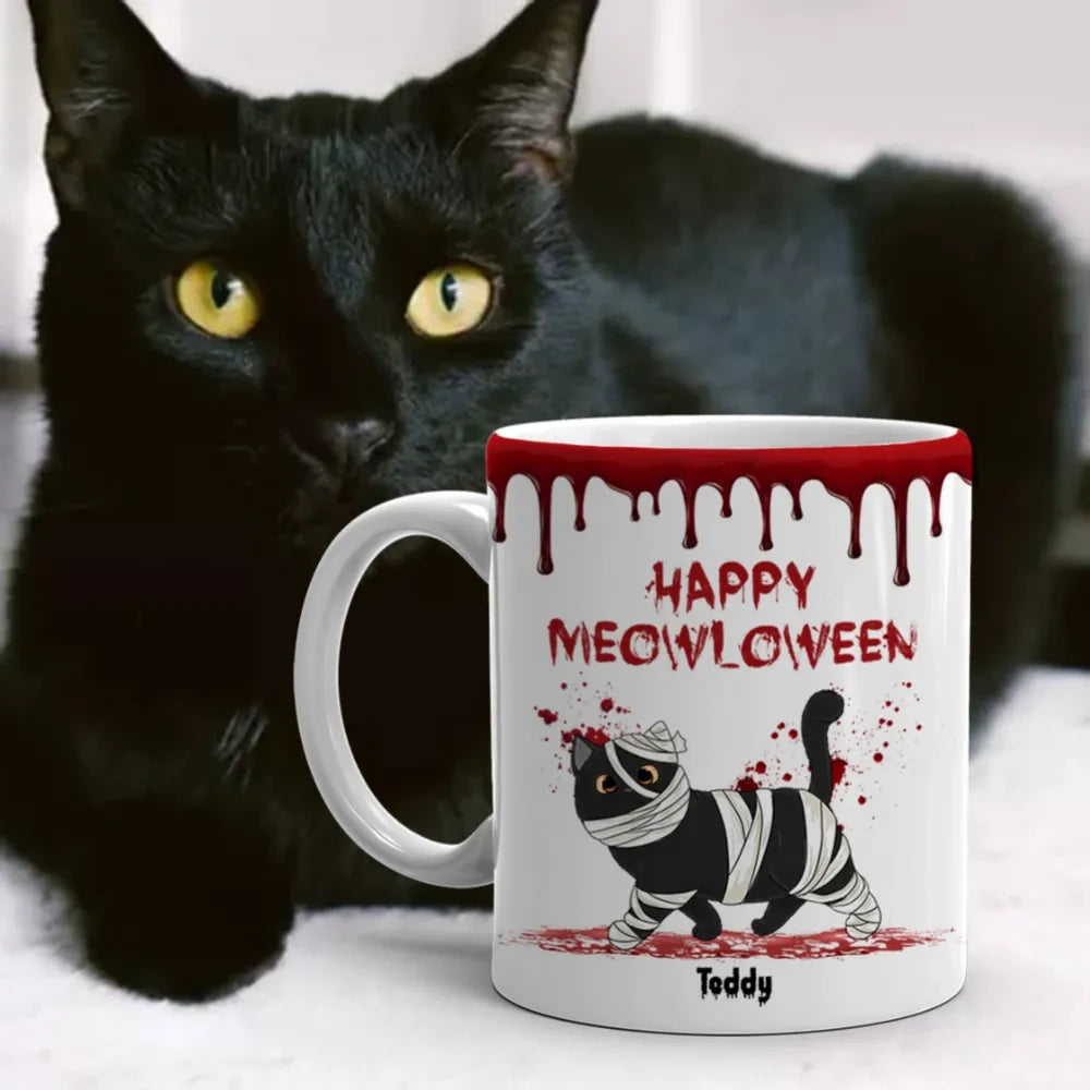 Custom Halloween Cat Mug - Personalized "Happy Meowloween" Gift for Cat Lovers | Ceramic Coffee Cup with Name | Halloween Decor & Gifts for Women - Printingjoy