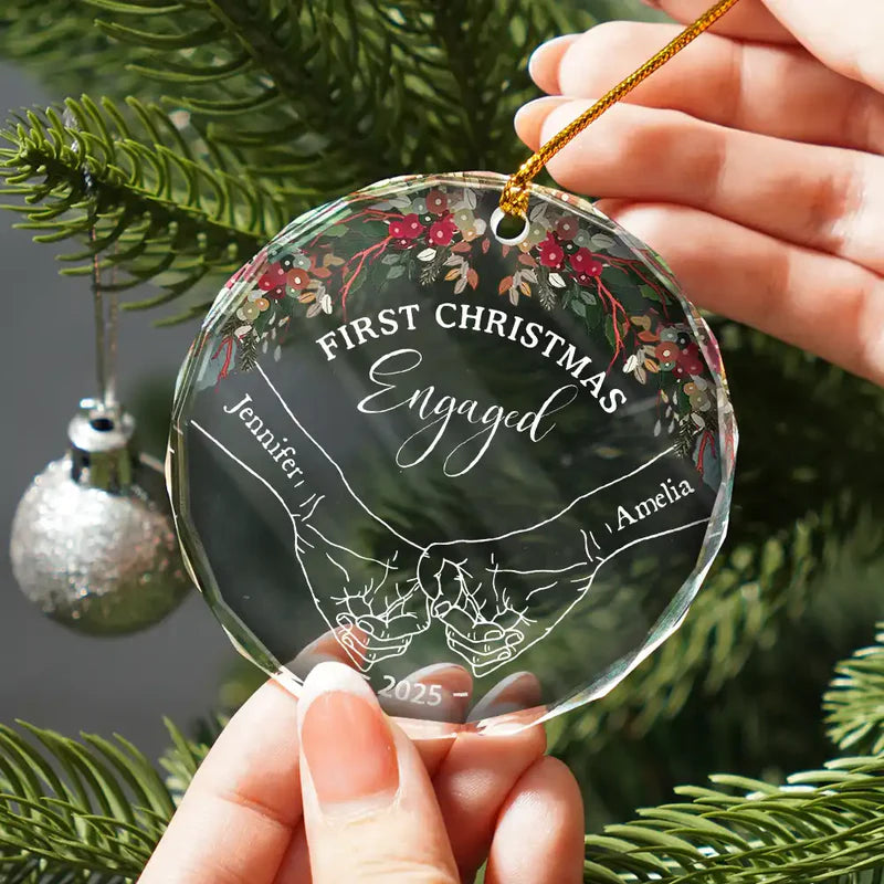 Holding Hands First Christmas Couple - Personalized Circle Glass Ornament