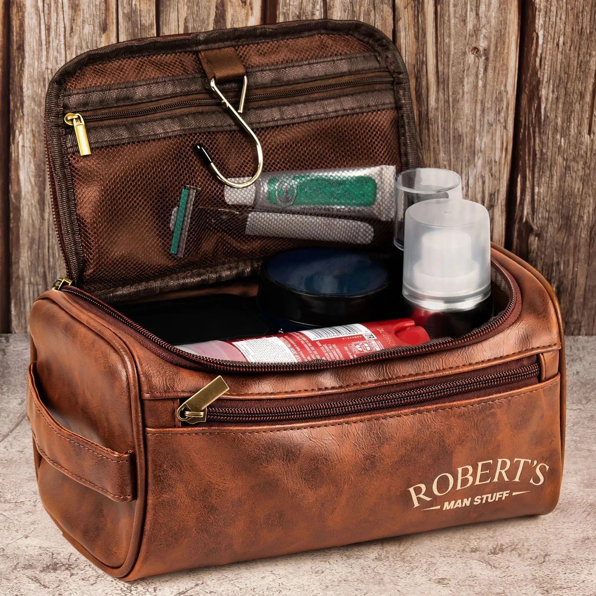 Man Stuff Personalized Leather Toiletry Bag – Custom Engraved Travel Bag for Men Printing Joy