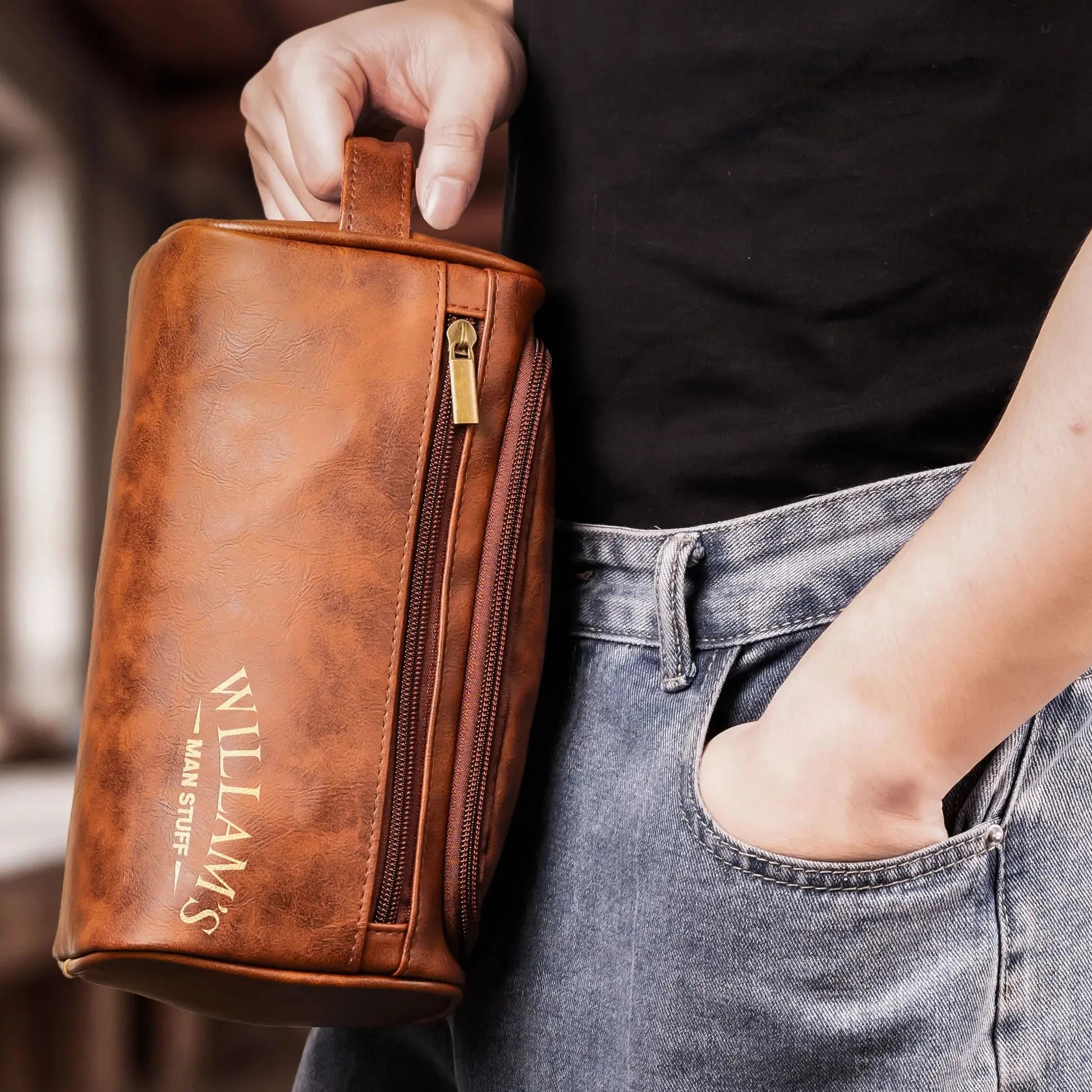 Man Stuff Personalized Leather Toiletry Bag – Custom Engraved Travel Bag for Men Printing Joy