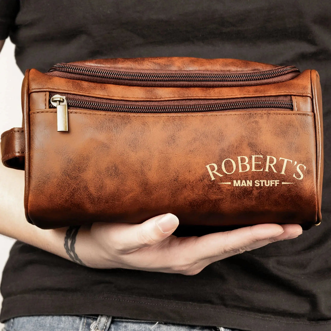 Man Stuff Personalized Leather Toiletry Bag – Custom Engraved Travel Bag for Men Printing Joy