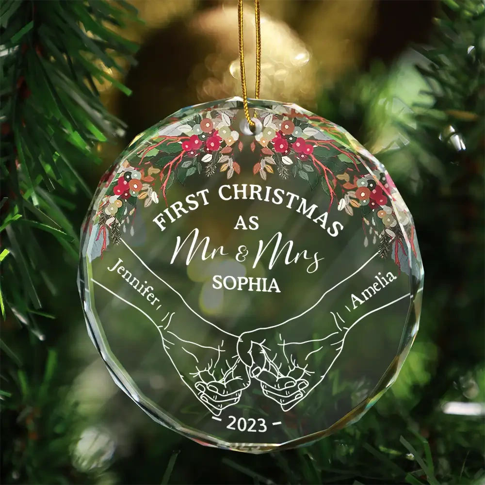 Personalized ‘First Christmas Holding Hands’ Circle Glass Ornament – Custom Couple Christmas Gift - Printingjoy