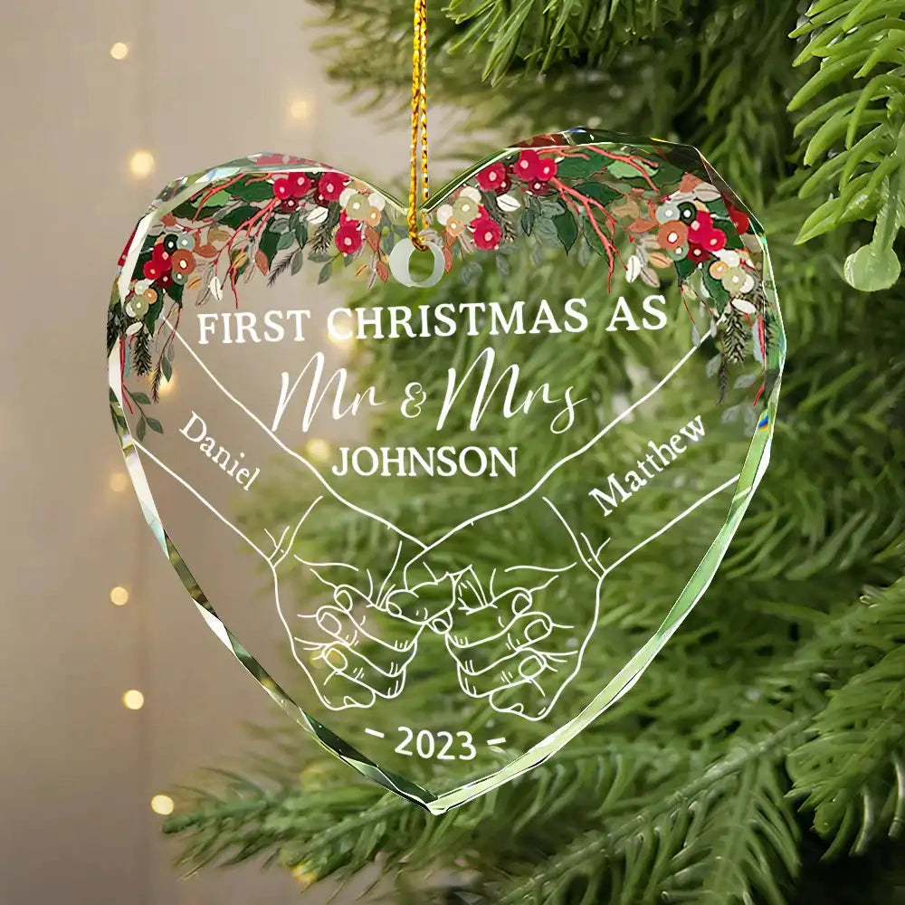 Personalized ‘First Christmas Holding Hands’ Heart-Shaped Glass Ornament – Custom Couple Christmas Gift - Printingjoy