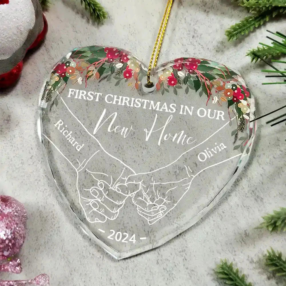 Personalized ‘First Christmas Holding Hands’ Heart-Shaped Glass Ornament – Custom Couple Christmas Gift - Printingjoy