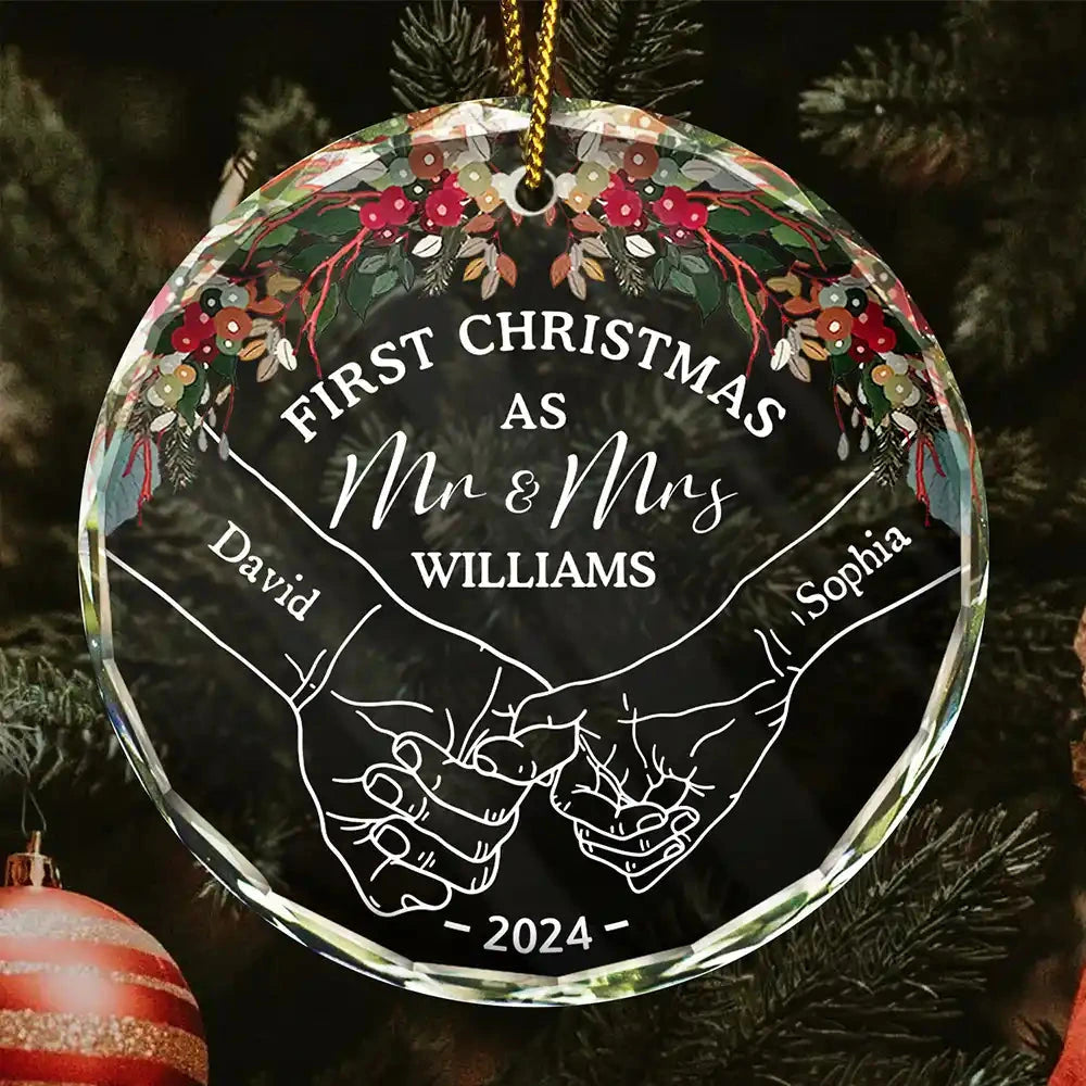 Personalized ‘First Christmas Holding Hands’ Circle Glass Ornament – Custom Couple Christmas Gift - Printingjoy