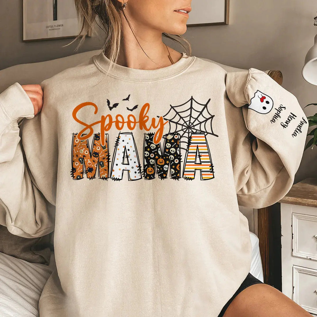Custom Unisex Sweatshirt, Hoodie With Design On Sleeve - Personalized Halloween Birthday Gifts For Mom, Grandma - Family Together Under Pumpkin Glow Printing Joy