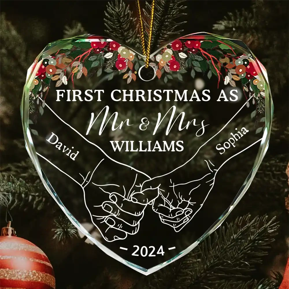 Personalized ‘First Christmas Holding Hands’ Heart-Shaped Glass Ornament – Custom Couple Christmas Gift - Printingjoy